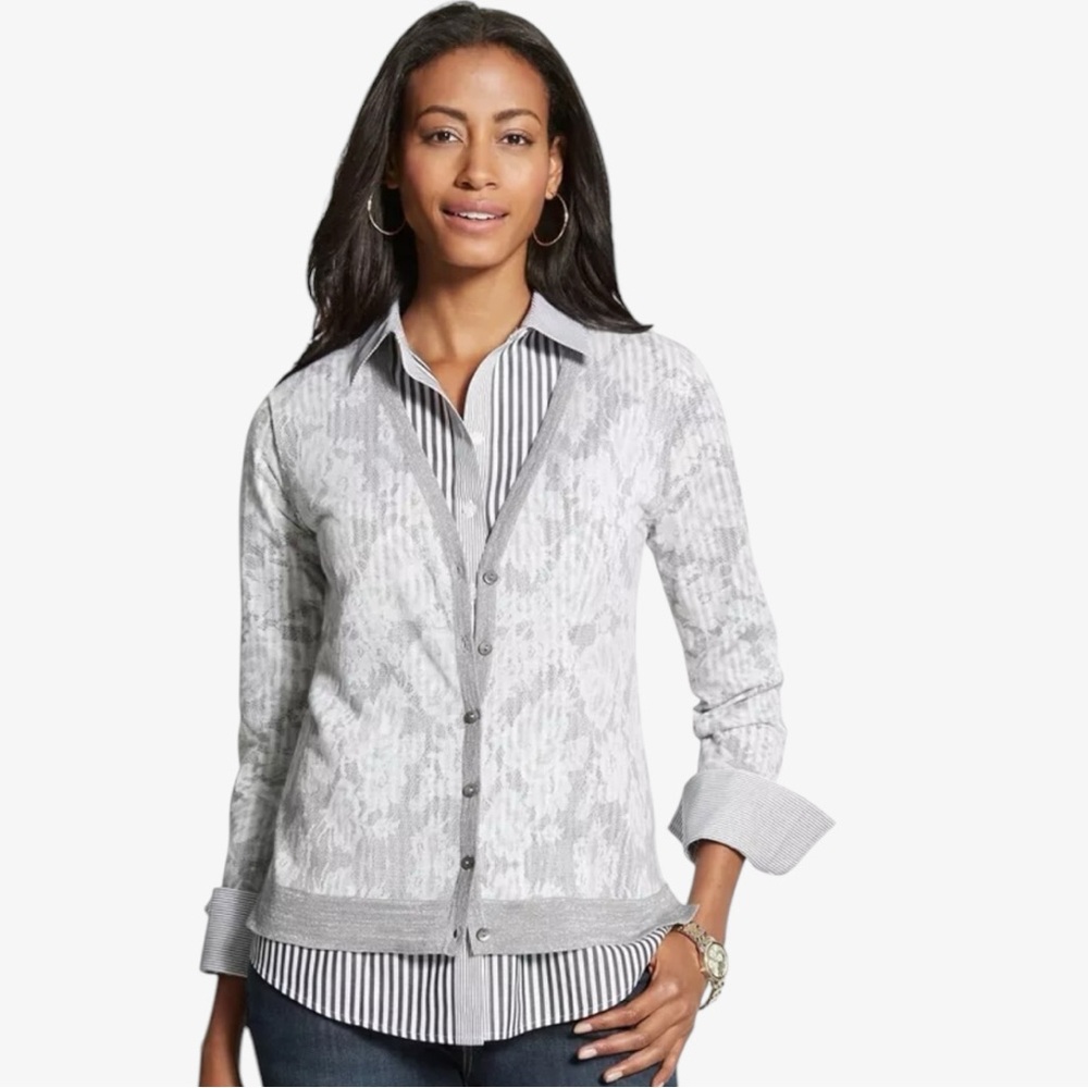 Sz XL Chico’s Gray Lace & Metallic Button Up Cardigan $109 MSRP